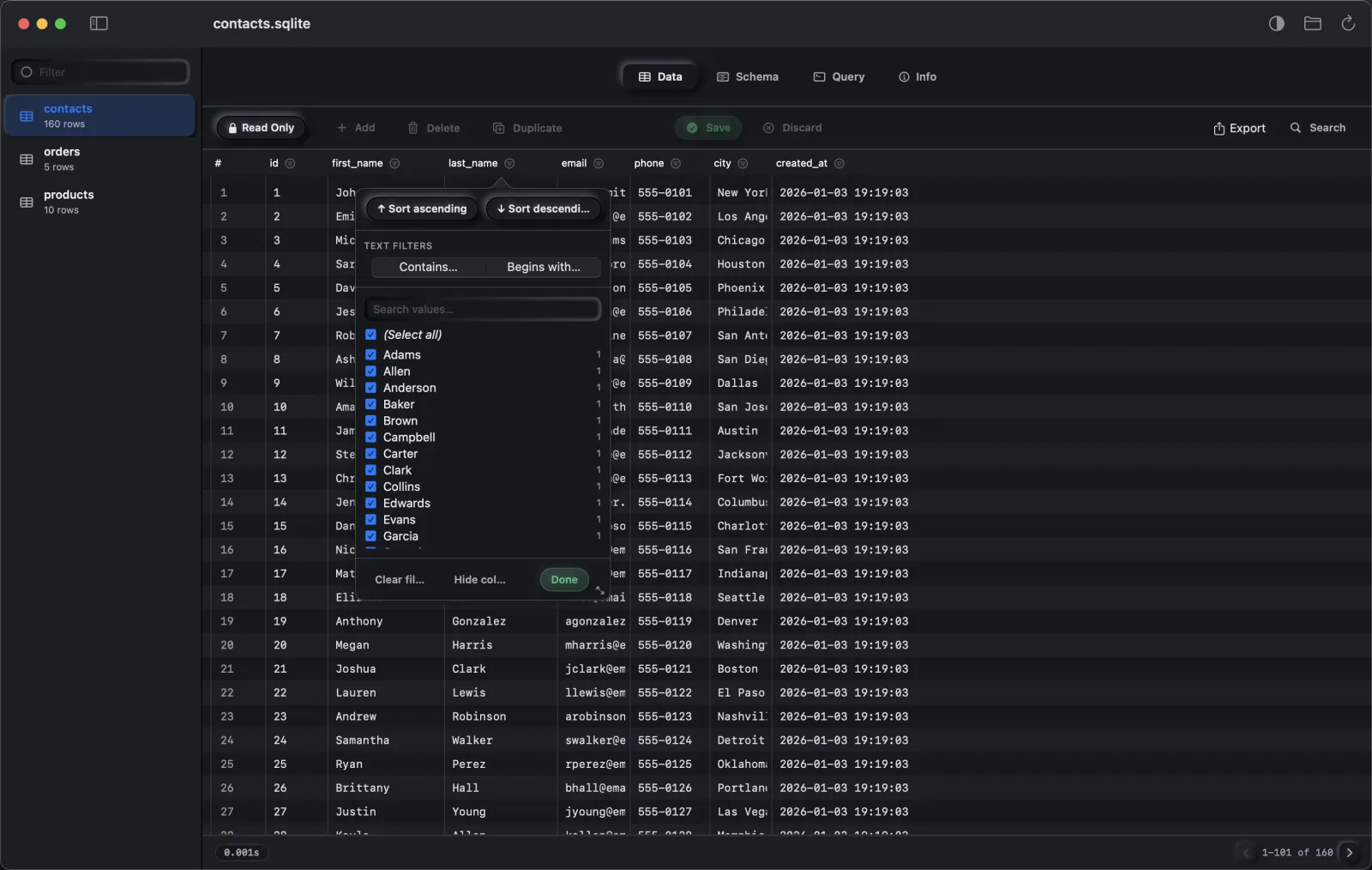 Strix SQLite on macOS — column auto-filter popover with sort, type-specific filters, and a searchable value checklist