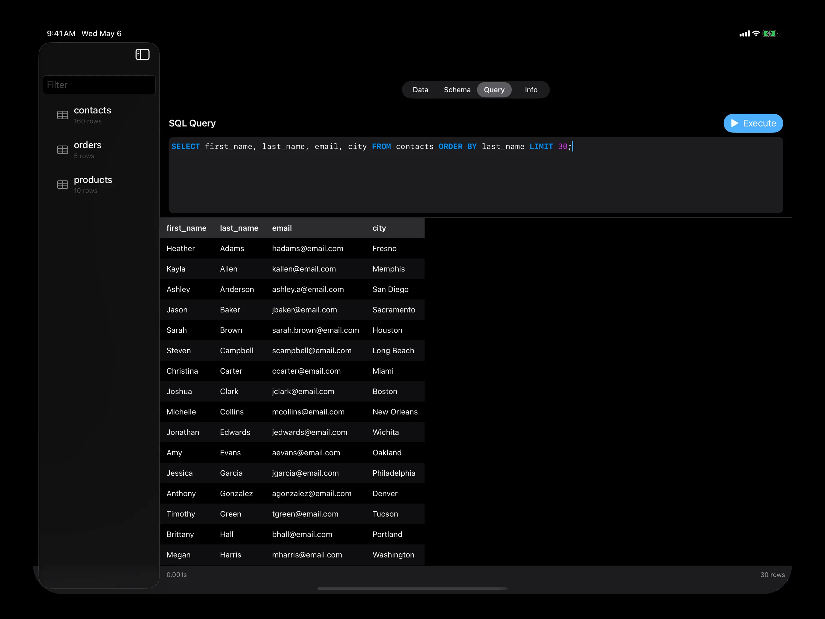 Strix SQLite on iPad — SQL query tab with results below