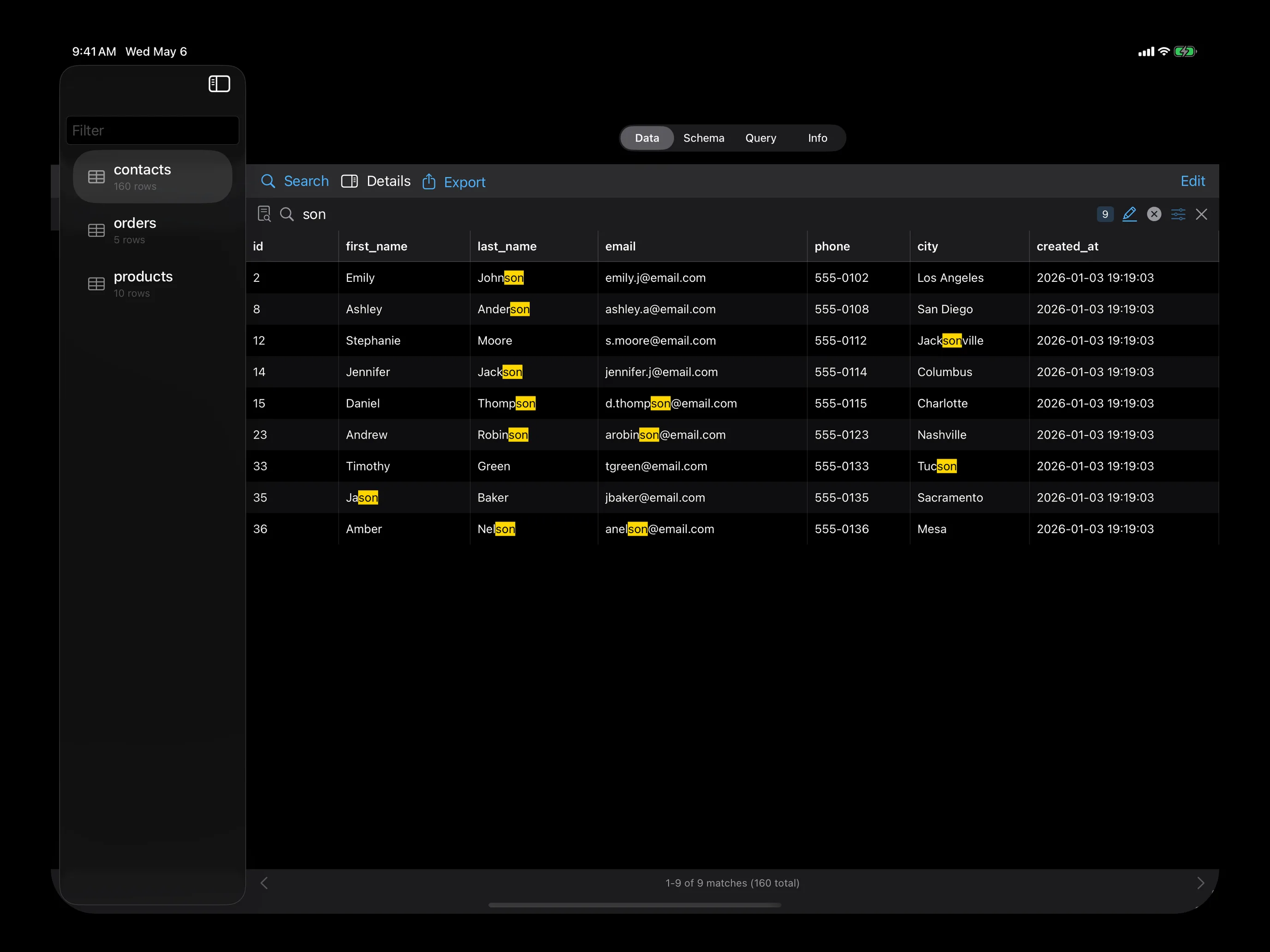 Strix SQLite on iPad — full-text search with real-time match highlighting