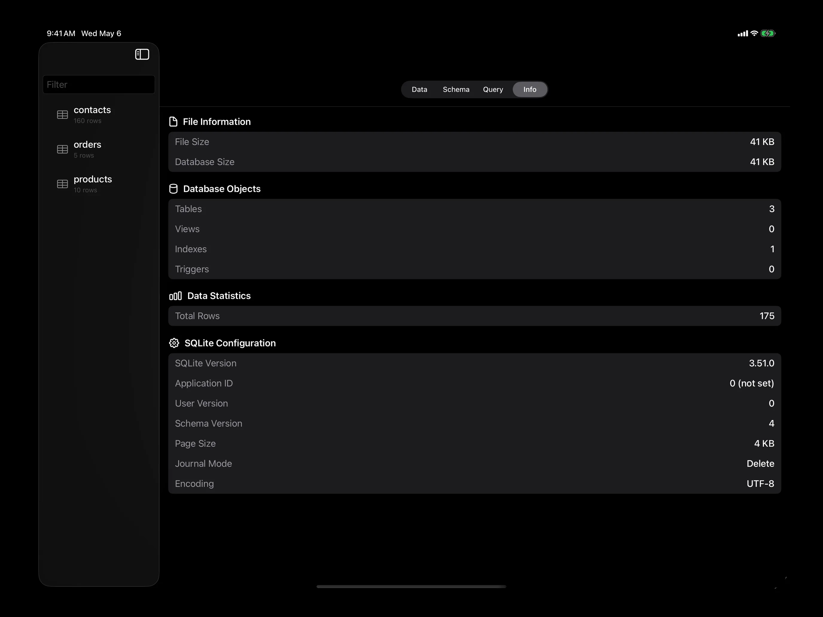 Strix SQLite on iPad — column statistics with min, max, average, and null counts